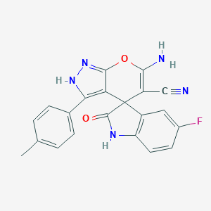 molecular formula C21H14FN5O2 B461079 6'-amino-5'-cyano-6-fluoro-3'-(4-methylphenyl)-1,2',3,4'-tetrahydrospiro(2H-indole-3,4'-pyrano[2,3-c]pyrazole)-2-one 