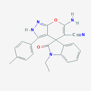 molecular formula C23H19N5O2 B461080 6'-amino-5'-cyano-3'-(4-methylphenyl)-1-ethyl-1,2',3,4'-tetrahydrospiro(2H-indole-3,4'-pyrano[2,3-c]pyrazole)-2-one 