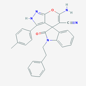 molecular formula C29H23N5O2 B461082 6'-amino-5'-cyano-3'-(4-methylphenyl)-1-(2-phenylethyl)-1,2',3,4'-tetrahydrospiro(2H-indole-3,4'-pyrano[2,3-c]pyrazole)-2-one 