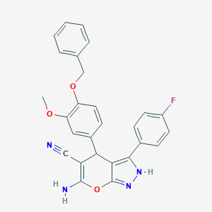 molecular formula C27H21FN4O3 B461085 6-Amino-4-[4-(benzyloxy)-3-methoxyphenyl]-3-(4-fluorophenyl)-2,4-dihydropyrano[2,3-c]pyrazole-5-carbonitrile 