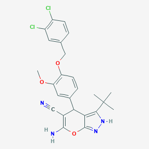 molecular formula C25H24Cl2N4O3 B461090 6-Amino-3-tert-butyl-4-{4-[(3,4-dichlorobenzyl)oxy]-3-methoxyphenyl}-2,4-dihydropyrano[2,3-c]pyrazole-5-carbonitrile 