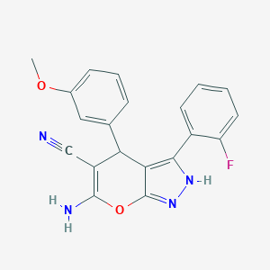 molecular formula C20H15FN4O2 B461093 6-Amino-3-(2-fluorophenyl)-4-(3-methoxyphenyl)-2,4-dihydropyrano[2,3-c]pyrazole-5-carbonitrile 