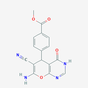 molecular formula C16H12N4O4 B461094 methyl 4-(7-amino-6-cyano-4-hydroxy-5H-pyrano[2,3-d]pyrimidin-5-yl)benzoate 