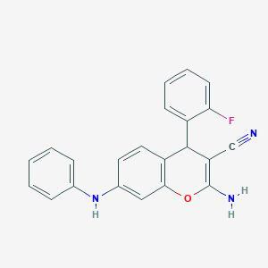 molecular formula C22H16FN3O B461101 2-amino-7-anilino-4-(2-fluorophenyl)-4H-chromene-3-carbonitrile 