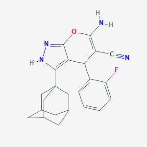 molecular formula C23H23FN4O B461103 3-(1-Adamantyl)-6-amino-4-(2-fluorophenyl)-2,4-dihydropyrano[2,3-c]pyrazole-5-carbonitrile 