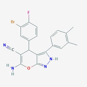 molecular formula C21H16BrFN4O B461104 6-Amino-4-(3-bromo-4-fluorophenyl)-3-(3,4-dimethylphenyl)-2,4-dihydropyrano[2,3-c]pyrazole-5-carbonitrile 