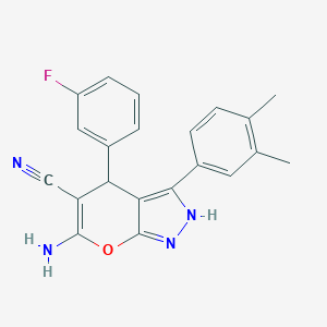 molecular formula C21H17FN4O B461105 6-Amino-3-(3,4-dimethylphenyl)-4-(3-fluorophenyl)-2,4-dihydropyrano[2,3-c]pyrazole-5-carbonitrile 