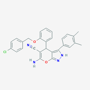 molecular formula C28H23ClN4O2 B461109 6-Amino-4-{2-[(4-chlorobenzyl)oxy]phenyl}-3-(3,4-dimethylphenyl)-2,4-dihydropyrano[2,3-c]pyrazole-5-carbonitrile 