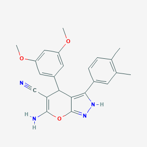 molecular formula C23H22N4O3 B461113 6-Amino-4-(3,5-dimethoxyphenyl)-3-(3,4-dimethylphenyl)-2,4-dihydropyrano[2,3-c]pyrazole-5-carbonitrile 