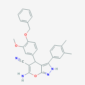 molecular formula C29H26N4O3 B461115 6-Amino-4-[4-(benzyloxy)-3-methoxyphenyl]-3-(3,4-dimethylphenyl)-2,4-dihydropyrano[2,3-c]pyrazole-5-carbonitrile 