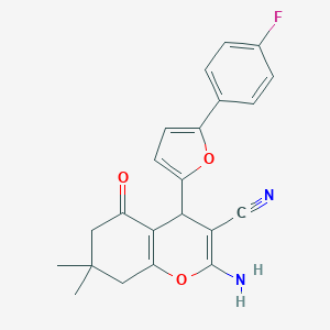 molecular formula C22H19FN2O3 B461118 2-amino-4-[5-(4-fluorophenyl)-2-furyl]-7,7-dimethyl-5-oxo-5,6,7,8-tetrahydro-4H-chromene-3-carbonitrile 