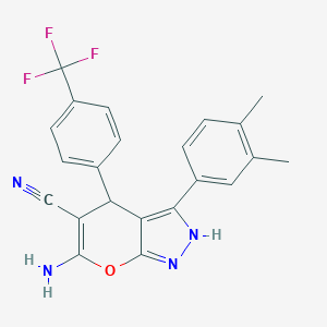 molecular formula C22H17F3N4O B461119 6-Amino-3-(3,4-dimethylphenyl)-4-[4-(trifluoromethyl)phenyl]-2,4-dihydropyrano[2,3-c]pyrazole-5-carbonitrile 