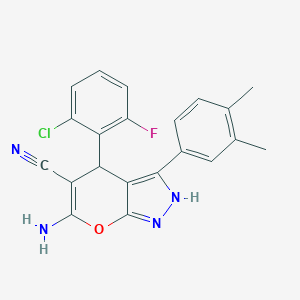 molecular formula C21H16ClFN4O B461123 6-Amino-4-(2-chloro-6-fluorophenyl)-3-(3,4-dimethylphenyl)-2,4-dihydropyrano[2,3-c]pyrazole-5-carbonitrile 