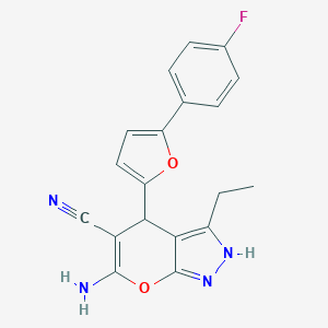 molecular formula C19H15FN4O2 B461124 6-Amino-3-ethyl-4-[5-(4-fluorophenyl)-2-furyl]-2,4-dihydropyrano[2,3-c]pyrazole-5-carbonitrile CAS No. 6458-70-4