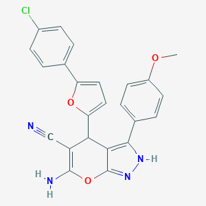 molecular formula C24H17ClN4O3 B461125 6-Amino-4-[5-(4-chlorophenyl)-2-furyl]-3-(4-methoxyphenyl)-2,4-dihydropyrano[2,3-c]pyrazole-5-carbonitrile 