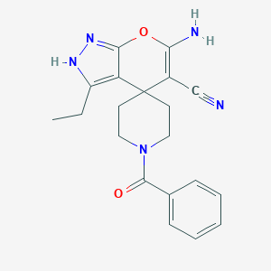 molecular formula C20H21N5O2 B461128 6-Amino-3-ethyl-2,4-dihydropyrano[2,3-c]pyrazole-5-carbonitrile-4-spiro-4'-(1'-benzoylpiperidine) 