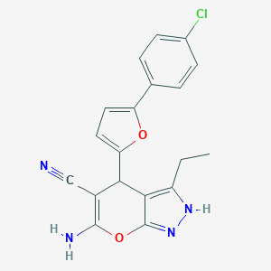 molecular formula C19H15ClN4O2 B461130 6-Amino-4-[5-(4-chlorophenyl)-2-furyl]-3-ethyl-2,4-dihydropyrano[2,3-c]pyrazole-5-carbonitrile 