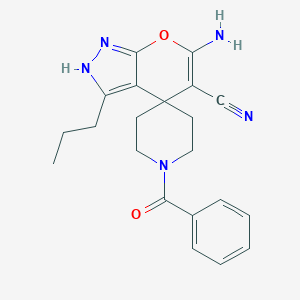 molecular formula C21H23N5O2 B461131 6-Amino-3-propyl-2,4-dihydropyrano[2,3-c]pyrazole-5-carbonitrile-4-spiro-4'-(1'-benzoylpiperidine) 