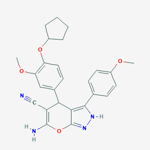 molecular formula C26H26N4O4 B461134 6-Amino-4-[4-(cyclopentyloxy)-3-methoxyphenyl]-3-(4-methoxyphenyl)-1,4-dihydropyrano[2,3-c]pyrazole-5-carbonitrile 