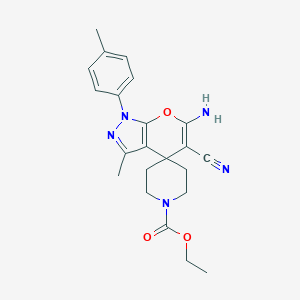 molecular formula C22H25N5O3 B461135 Ethyl 6'-amino-5'-cyano-3'-methyl-1'-(4-methylphenyl)spiro[piperidine-4,4'-pyrano[2,3-c]pyrazole]-1-carboxylate 