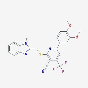 molecular formula C23H17F3N4O2S B461144 2-[(1H-benzimidazol-2-ylmethyl)sulfanyl]-6-(3,4-dimethoxyphenyl)-4-(trifluoromethyl)nicotinonitrile CAS No. 723747-97-5