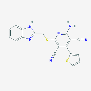 molecular formula C19H12N6S2 B461146 2-amino-6-(1H-benzimidazol-2-ylmethylsulfanyl)-4-thiophen-2-ylpyridine-3,5-dicarbonitrile 