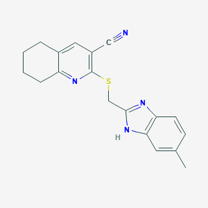 molecular formula C19H18N4S B461159 2-{[(5-methyl-1H-benzimidazol-2-yl)methyl]sulfanyl}-5,6,7,8-tetrahydro-3-quinolinecarbonitrile 