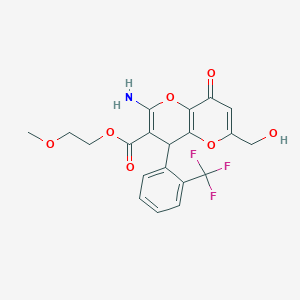 molecular formula C20H18F3NO7 B461193 2-Methoxyethyl 2-amino-6-(hydroxymethyl)-8-oxo-4-[2-(trifluoromethyl)phenyl]-4,8-dihydropyrano[3,2-b]pyran-3-carboxylate 
