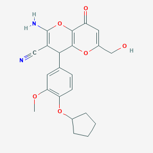 molecular formula C22H22N2O6 B461204 2-Amino-4-[4-(cyclopentyloxy)-3-methoxyphenyl]-6-(hydroxymethyl)-8-oxo-4,8-dihydropyrano[3,2-b]pyran-3-carbonitrile 