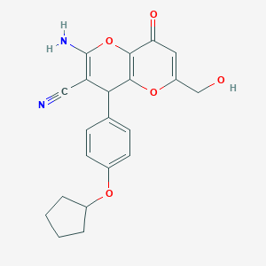 molecular formula C21H20N2O5 B461206 2-Amino-4-[4-(cyclopentyloxy)phenyl]-6-(hydroxymethyl)-8-oxo-4,8-dihydropyrano[3,2-b]pyran-3-carbonitrile 