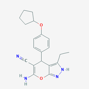 molecular formula C20H22N4O2 B461247 6-Amino-4-[4-(cyclopentyloxy)phenyl]-3-ethyl-2,4-dihydropyrano[2,3-c]pyrazole-5-carbonitrile 