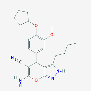 molecular formula C23H28N4O3 B461250 6-Amino-3-butyl-4-[4-(cyclopentyloxy)-3-methoxyphenyl]-2,4-dihydropyrano[2,3-c]pyrazole-5-carbonitrile 