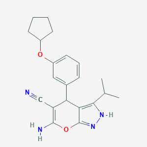 6-Amino-4-[3-(cyclopentyloxy)phenyl]-3-isopropyl-2,4-dihydropyrano[2,3-c]pyrazole-5-carbonitrile