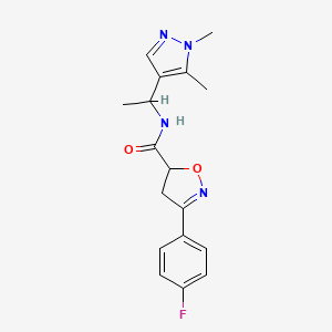 molecular formula C17H19FN4O2 B4612514 N-[1-(1,5-dimethyl-1H-pyrazol-4-yl)ethyl]-3-(4-fluorophenyl)-4,5-dihydro-5-isoxazolecarboxamide 