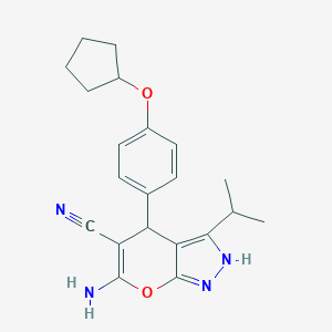 molecular formula C21H24N4O2 B461252 6-Amino-4-[4-(cyclopentyloxy)phenyl]-3-isopropyl-2,4-dihydropyrano[2,3-c]pyrazole-5-carbonitrile 