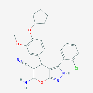 molecular formula C25H23ClN4O3 B461255 6-Amino-3-(2-chlorophenyl)-4-[4-(cyclopentyloxy)-3-methoxyphenyl]-2,4-dihydropyrano[2,3-c]pyrazole-5-carbonitrile 