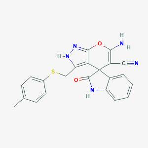 molecular formula C22H17N5O2S B461257 6'-amino-3'-{[(4-methylphenyl)sulfanyl]methyl}-1,1',3,4'-tetrahydro-2-oxospiro(2H-indole-3,4'-pyrano[2,3-c]pyrazole)-5'-carbonitrile 