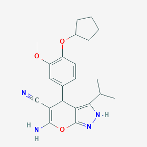 molecular formula C22H26N4O3 B461258 6-Amino-4-[4-(cyclopentyloxy)-3-methoxyphenyl]-3-isopropyl-2,4-dihydropyrano[2,3-c]pyrazole-5-carbonitrile CAS No. 825603-06-3