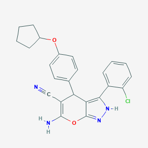 molecular formula C24H21ClN4O2 B461259 6-Amino-3-(2-chlorophenyl)-4-[4-(cyclopentyloxy)phenyl]-2,4-dihydropyrano[2,3-c]pyrazole-5-carbonitrile 