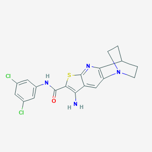 molecular formula C19H16Cl2N4OS B461264 5-Amino-N-(3,5-dichlorophenyl)-7-thia-1,9-diazatetracyclo[9.2.2.02,10.04,8]pentadeca-2(10),3,5,8-tetraene-6-carboxamide CAS No. 728888-51-5