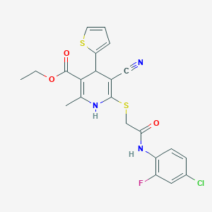 molecular formula C22H19ClFN3O3S2 B461272 Ethyl 6-{[2-(4-chloro-2-fluoroanilino)-2-oxoethyl]sulfanyl}-5-cyano-2-methyl-4-(2-thienyl)-1,4-dihydro-3-pyridinecarboxylate 
