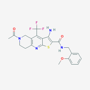 molecular formula C22H21F3N4O3S B461289 6-acetyl-3-amino-N-(2-methoxybenzyl)-4-(trifluoromethyl)-5,6,7,8-tetrahydrothieno[2,3-b][1,6]naphthyridine-2-carboxamide 