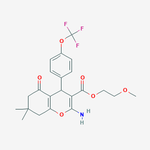 molecular formula C22H24F3NO6 B461297 2-methoxyethyl 2-amino-7,7-dimethyl-5-oxo-4-[4-(trifluoromethoxy)phenyl]-5,6,7,8-tetrahydro-4H-chromene-3-carboxylate 