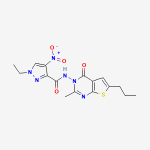 molecular formula C16H18N6O4S B4612975 1-ethyl-N-(2-methyl-4-oxo-6-propylthieno[2,3-d]pyrimidin-3(4H)-yl)-4-nitro-1H-pyrazole-3-carboxamide 