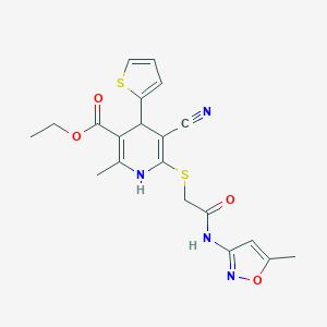 molecular formula C20H20N4O4S2 B461322 Ethyl 5-cyano-2-methyl-6-({2-[(5-methyl-3-isoxazolyl)amino]-2-oxoethyl}thio)-4-(2-thienyl)-1,4-dihydro-3-pyridinecarboxylate 
