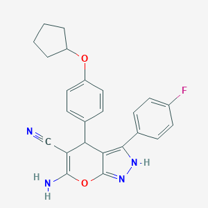 molecular formula C24H21FN4O2 B461331 6-Amino-4-[4-(cyclopentyloxy)phenyl]-3-(4-fluorophenyl)-2,4-dihydropyrano[2,3-c]pyrazole-5-carbonitrile 