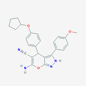 molecular formula C25H24N4O3 B461333 6-Amino-4-[4-(cyclopentyloxy)phenyl]-3-(4-methoxyphenyl)-2,4-dihydropyrano[2,3-c]pyrazole-5-carbonitrile 