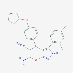 molecular formula C26H26N4O2 B461335 6-Amino-4-[4-(cyclopentyloxy)phenyl]-3-(2,4-dimethylphenyl)-2,4-dihydropyrano[2,3-c]pyrazole-5-carbonitrile 