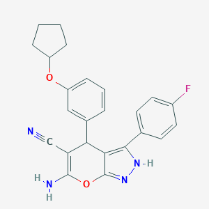 molecular formula C24H21FN4O2 B461341 6-Amino-4-[3-(cyclopentyloxy)phenyl]-3-(4-fluorophenyl)-2,4-dihydropyrano[2,3-c]pyrazole-5-carbonitrile 
