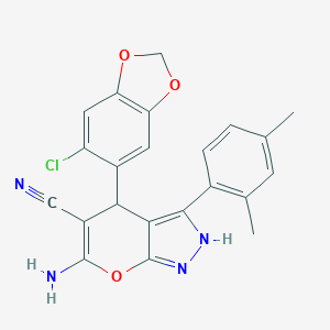 molecular formula C22H17ClN4O3 B461351 6-Amino-4-(6-chloro-1,3-benzodioxol-5-yl)-3-(2,4-dimethylphenyl)-2,4-dihydropyrano[2,3-c]pyrazole-5-carbonitrile 
